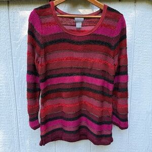 NWT Sigrid Olsen Women’s Autumn Striped Knit Red Sweater Pullover 3/4 Sleeve M